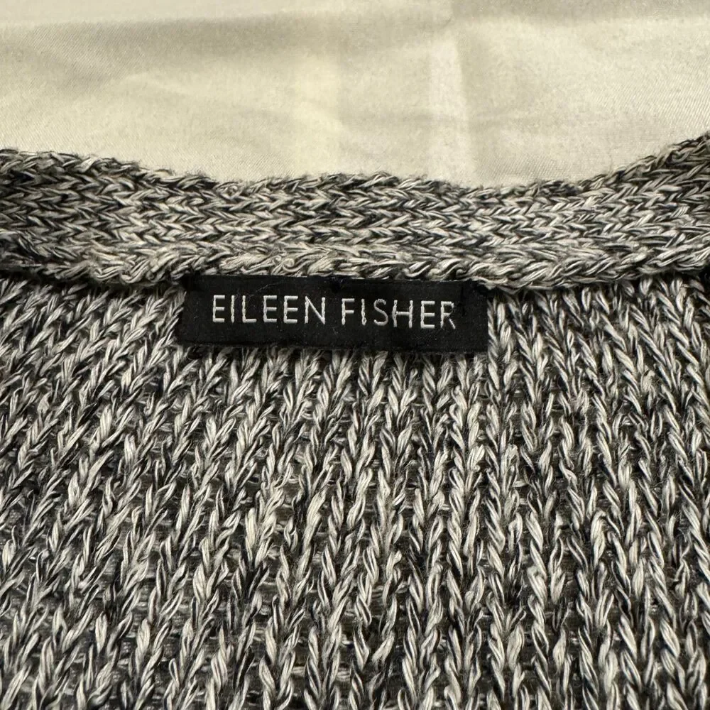 Eileen Fisher Open Cardigan Womens M Gray Marled Linen Blend Longline Minimalist